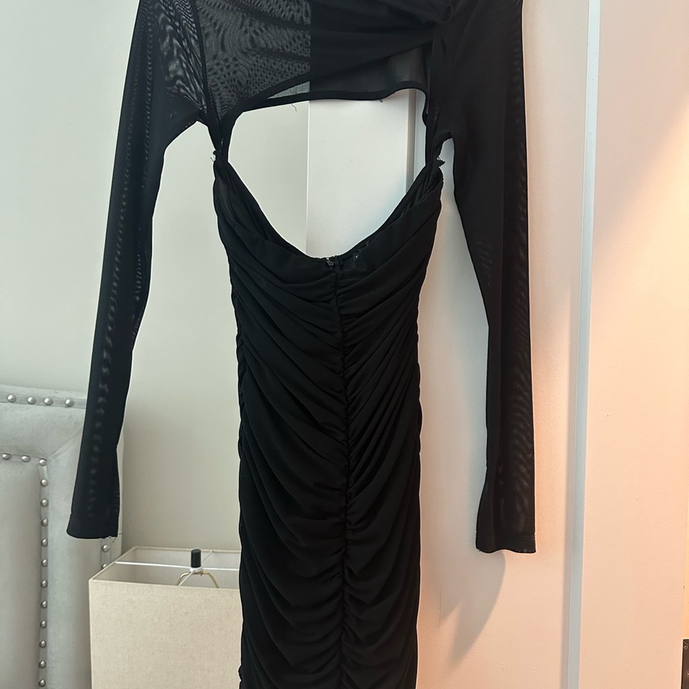 White Fox black mini dress sheer long sleeves
